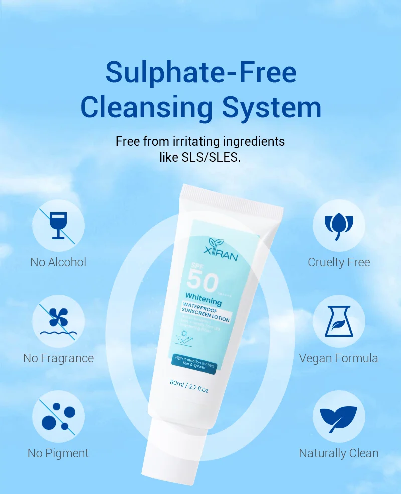 Sulphate-free sunscreen with SPF 50 highlighting no alcohol, fragrance, or pigment, vegan formula, cruelty-free, naturally clean.